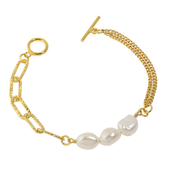 Asymmetry Hollow Chain Baroque Natural Pearl 925 Sterling Silver Bracelet