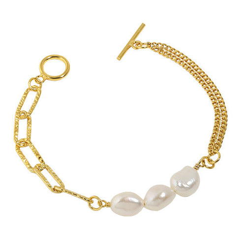 Asymmetry Hollow Chain Baroque Natural Pearl 925 Sterling Silver Bracelet
