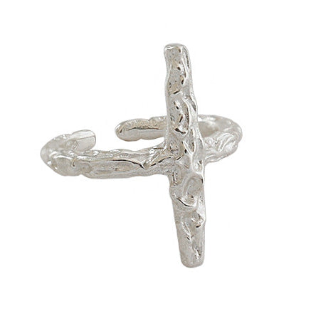 Classic Irregular Beaten Cross  925 Sterling Silver Adjustable Ring