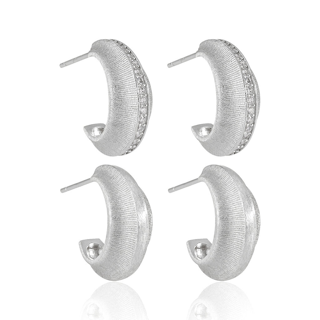 Modern Minimalist Matte Finish Geometric Cubic Zirconia in Sterling Silver and 18K Gold Plated Hoop Earrings