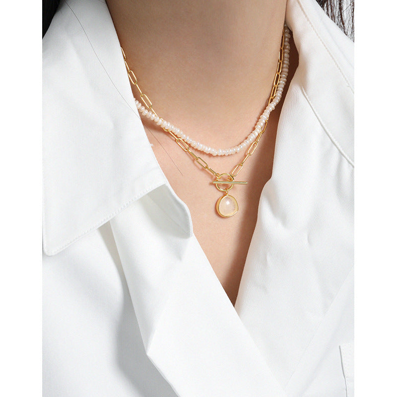 Graduation Round Natural Crystal OT Hollow Chain Sterling Silver Necklace