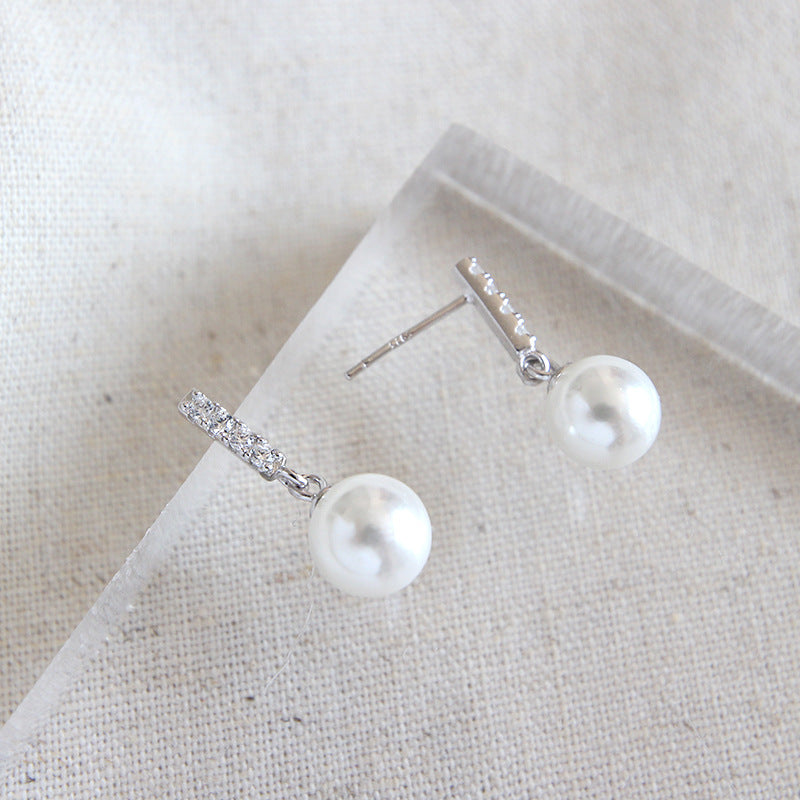 S925 pure silver simple micro inlaid vertical diamond pearl women's earrings earrings student silver jewelry