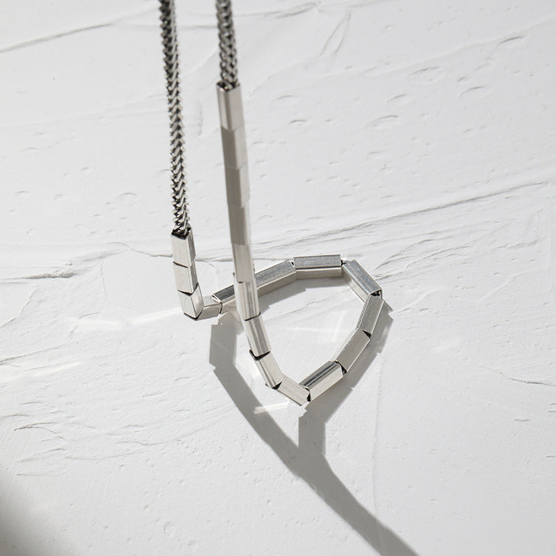 Niche design minimalist and versatile heavy industry rectangular tube texture  pure silver necklace collarbone chain for women