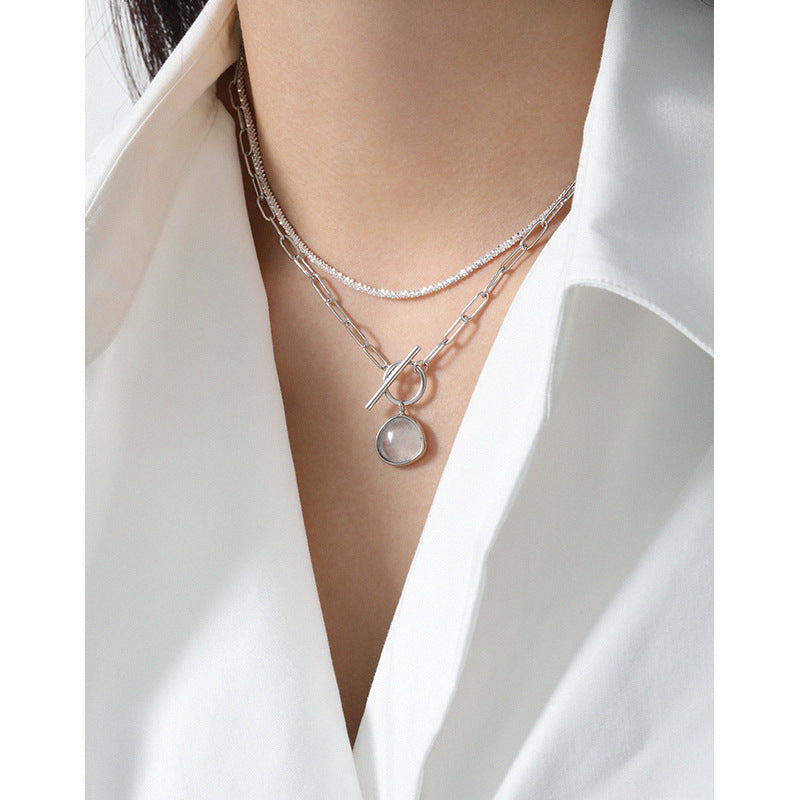 Graduation Round Natural Crystal OT Hollow Chain Sterling Silver Necklace