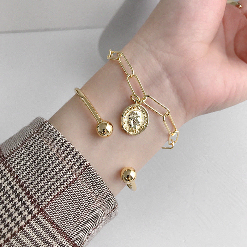 Simple Gold Beads 925 Sterling Silver Open Bangle