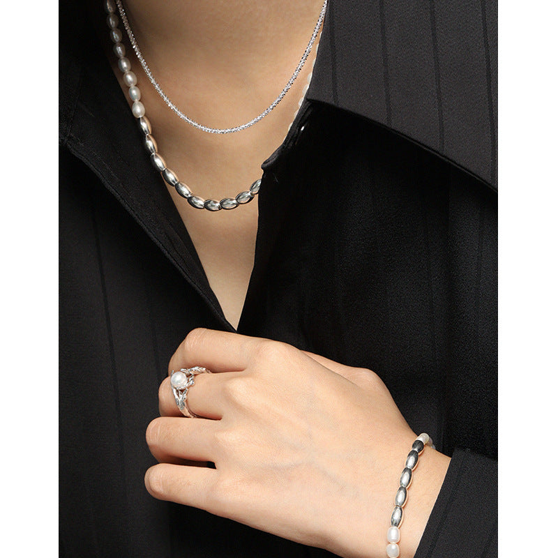 Asymmetry Oval Natural Pearl Waterdrop Sterling Silver Necklace