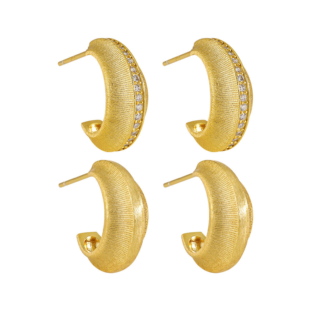 Modern Minimalist Matte Finish Geometric Cubic Zirconia in Sterling Silver and 18K Gold Plated Hoop Earrings