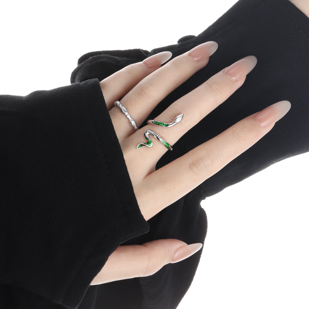 Fashion Animail Green Epoxy Snake 925 Sterling Silver Adjustable Ring