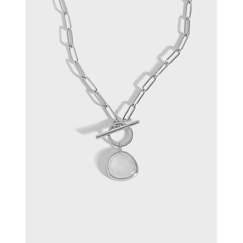 Graduation Round Natural Crystal OT Hollow Chain Sterling Silver Necklace