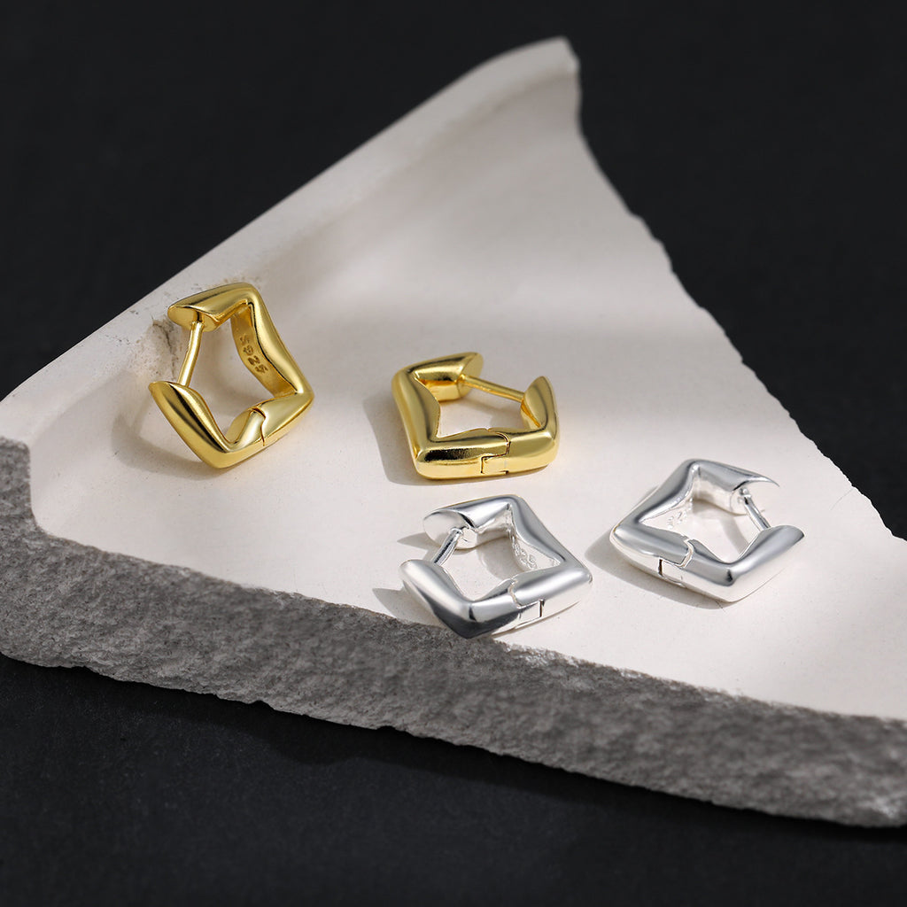 Minimalism Irregular Geometry Square Sterling Silver Hoop Earrings