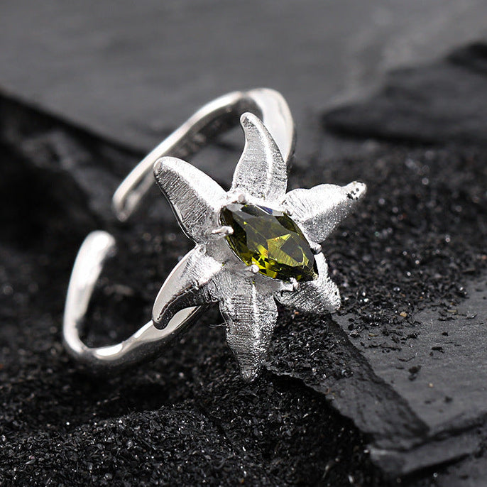 Minimalist Style Unique Starfish Design Peridot Embedded 925 Sterling Silver 18K Gold Plated Open Adjustable Ring