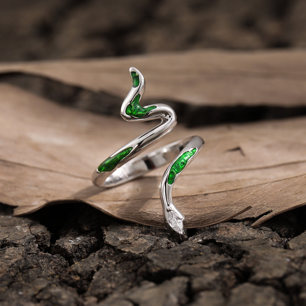 Fashion Animail Green Epoxy Snake Sterling Silver Adjustable Ring
