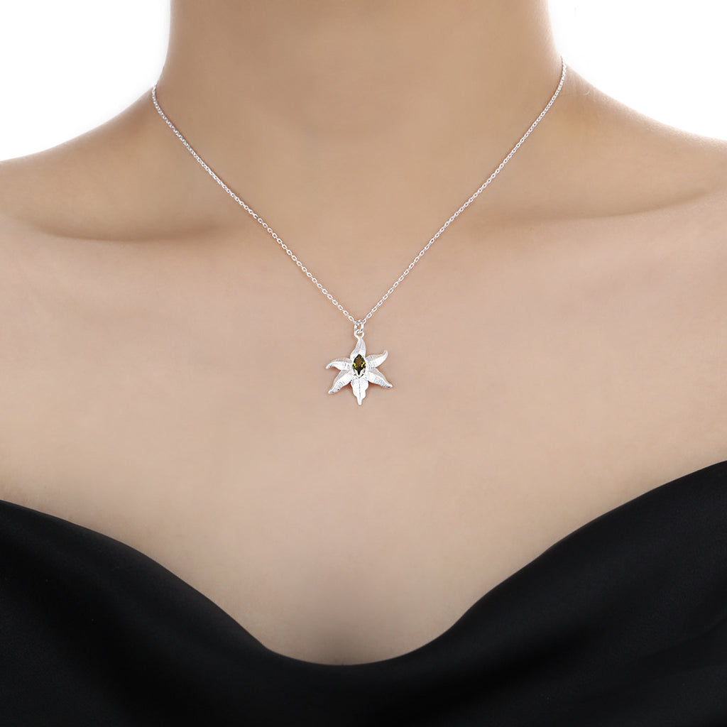 Starfish Design Natural Peridot 925 Sterling Silver Necklace Delicate Unique Style Sea-Inspired Jewelry Pendant