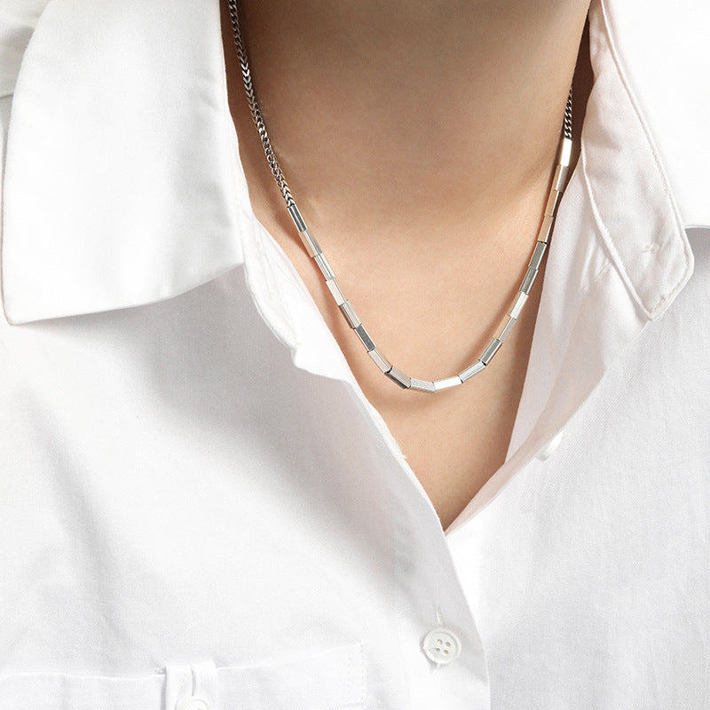 Niche design minimalist and versatile heavy industry rectangular tube texture  pure silver necklace collarbone chain for women