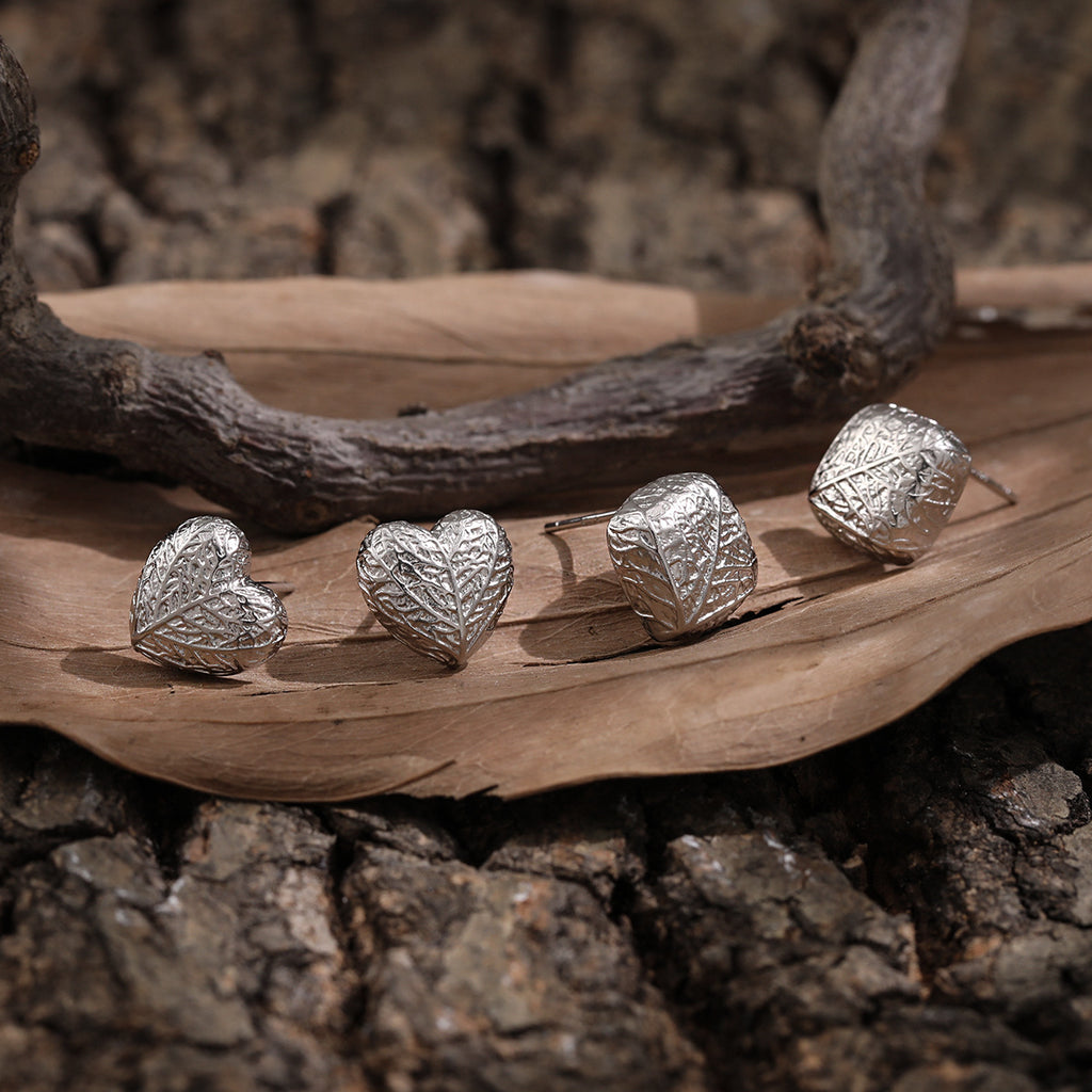 Lady Geometry Square Heart Leaves Sterling Silver Stud Earrings