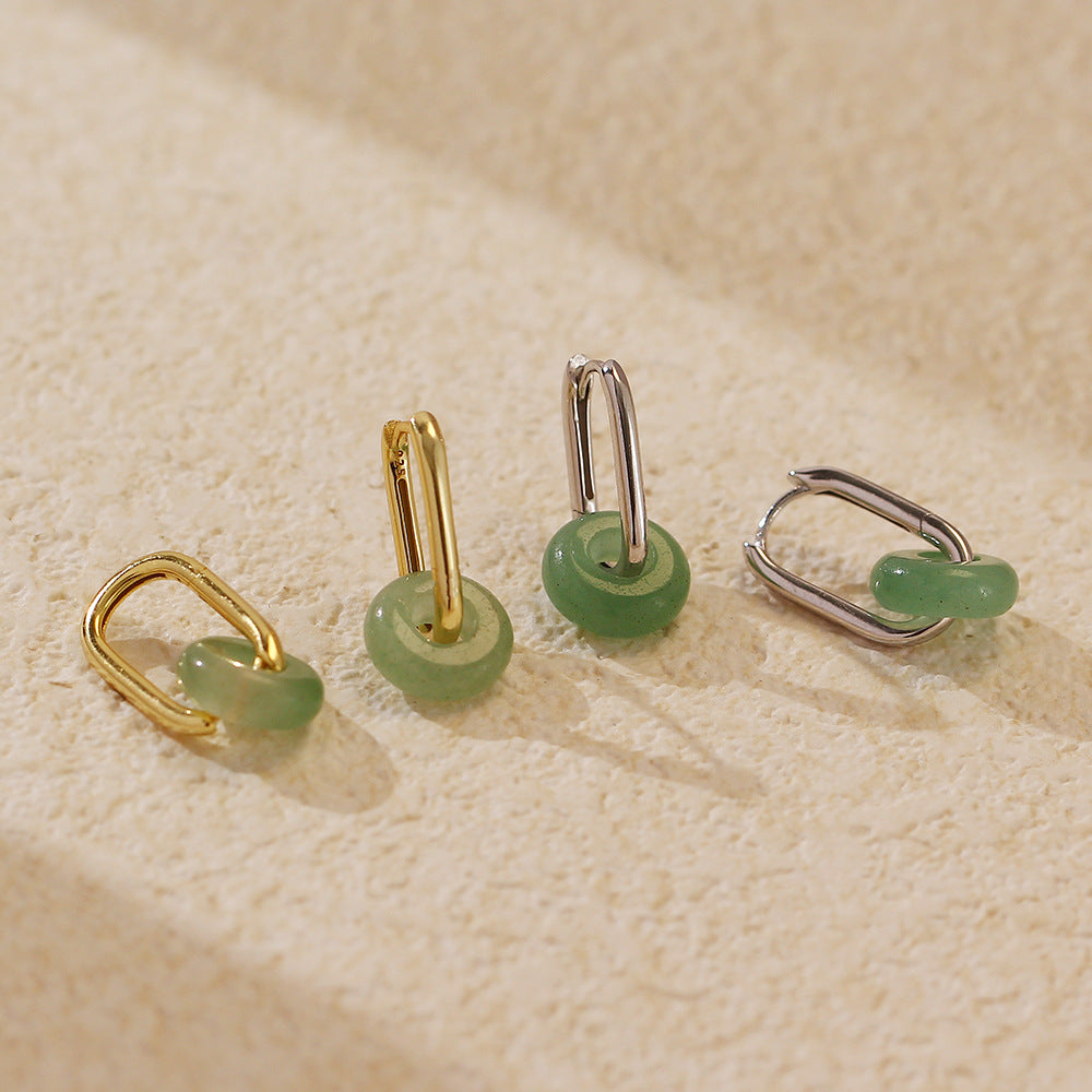 Elegant Natural Green Aventurine Ping Buckle Sterling Silver Hoop Earrings