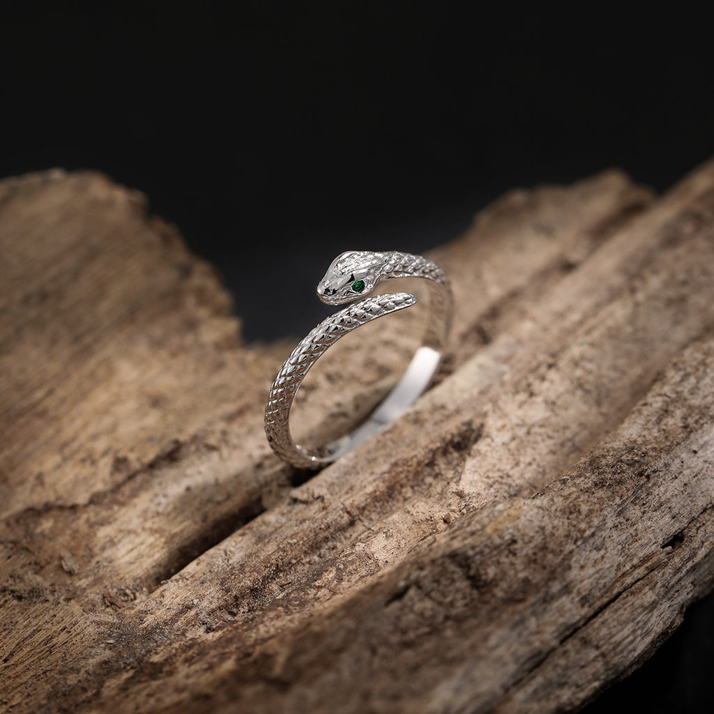 Party Green CZ Eyes Snake Animal 925 Sterling Silver Adjustable Ring