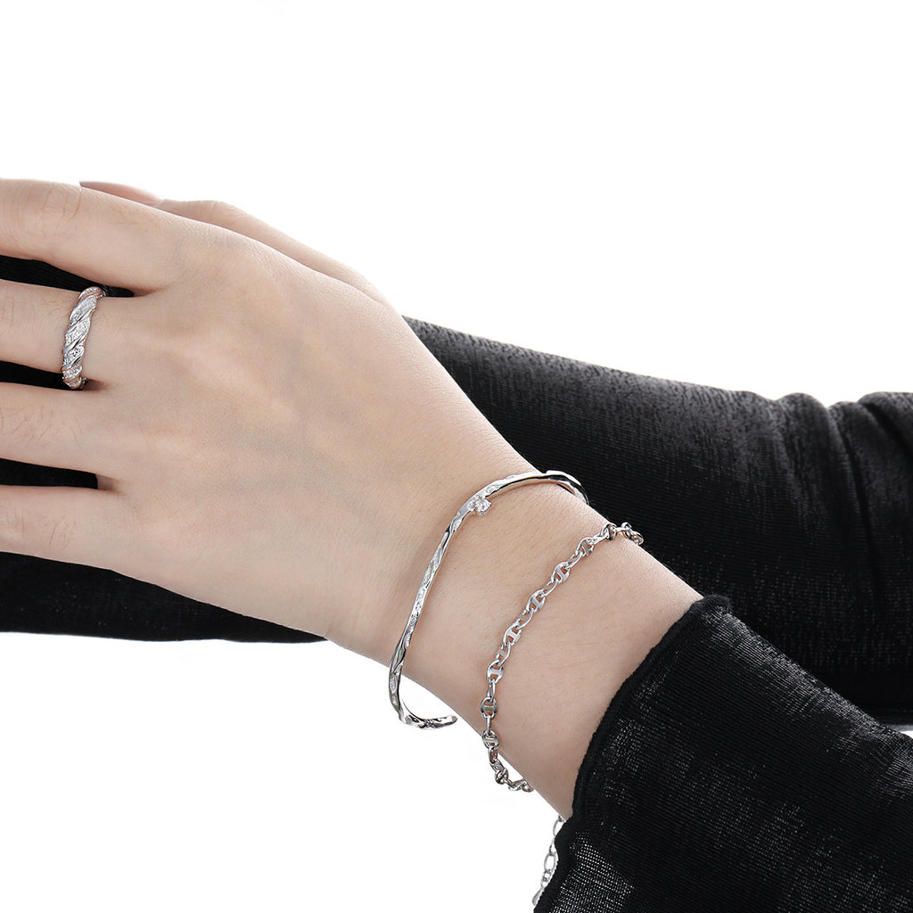 Simple Irregular CZ Wave 925 Sterling Silver Open Bangle