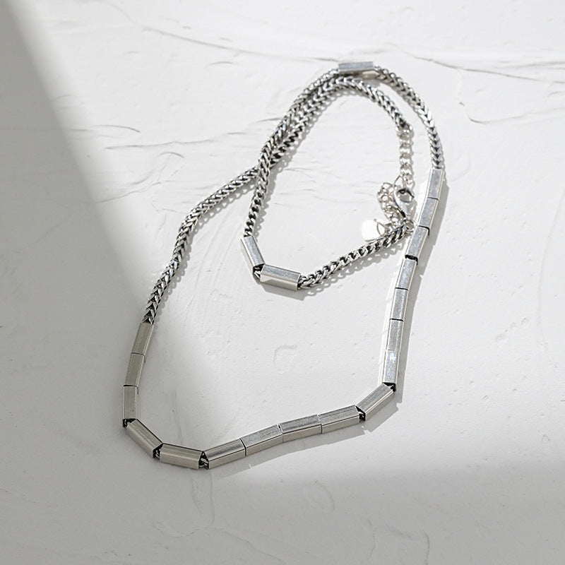 Niche design minimalist and versatile heavy industry rectangular tube texture  pure silver necklace collarbone chain for women