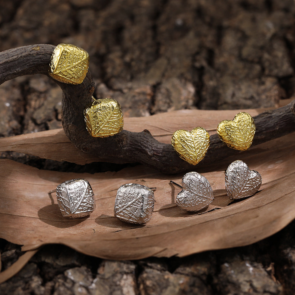 Lady Geometry Square Heart Leaves Sterling Silver Stud Earrings