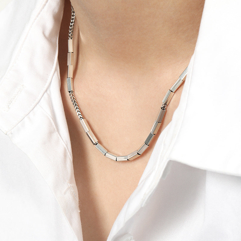 Niche design minimalist and versatile heavy industry rectangular tube texture  pure silver necklace collarbone chain for women