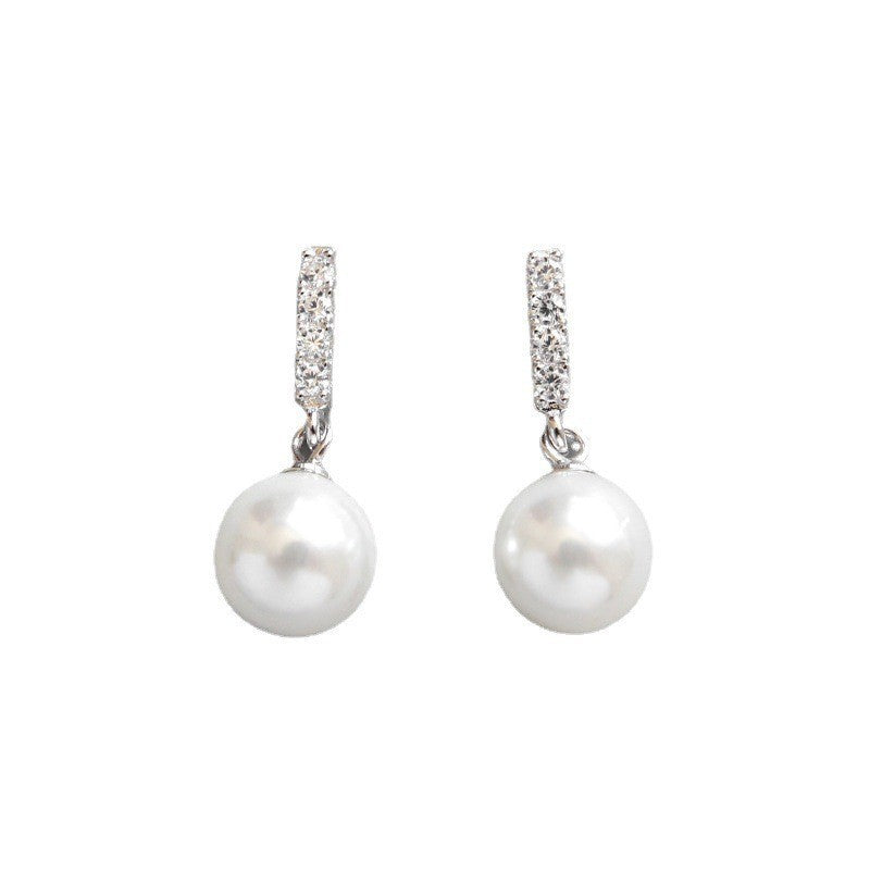 S925 pure silver simple micro inlaid vertical diamond pearl women's earrings earrings student silver jewelry