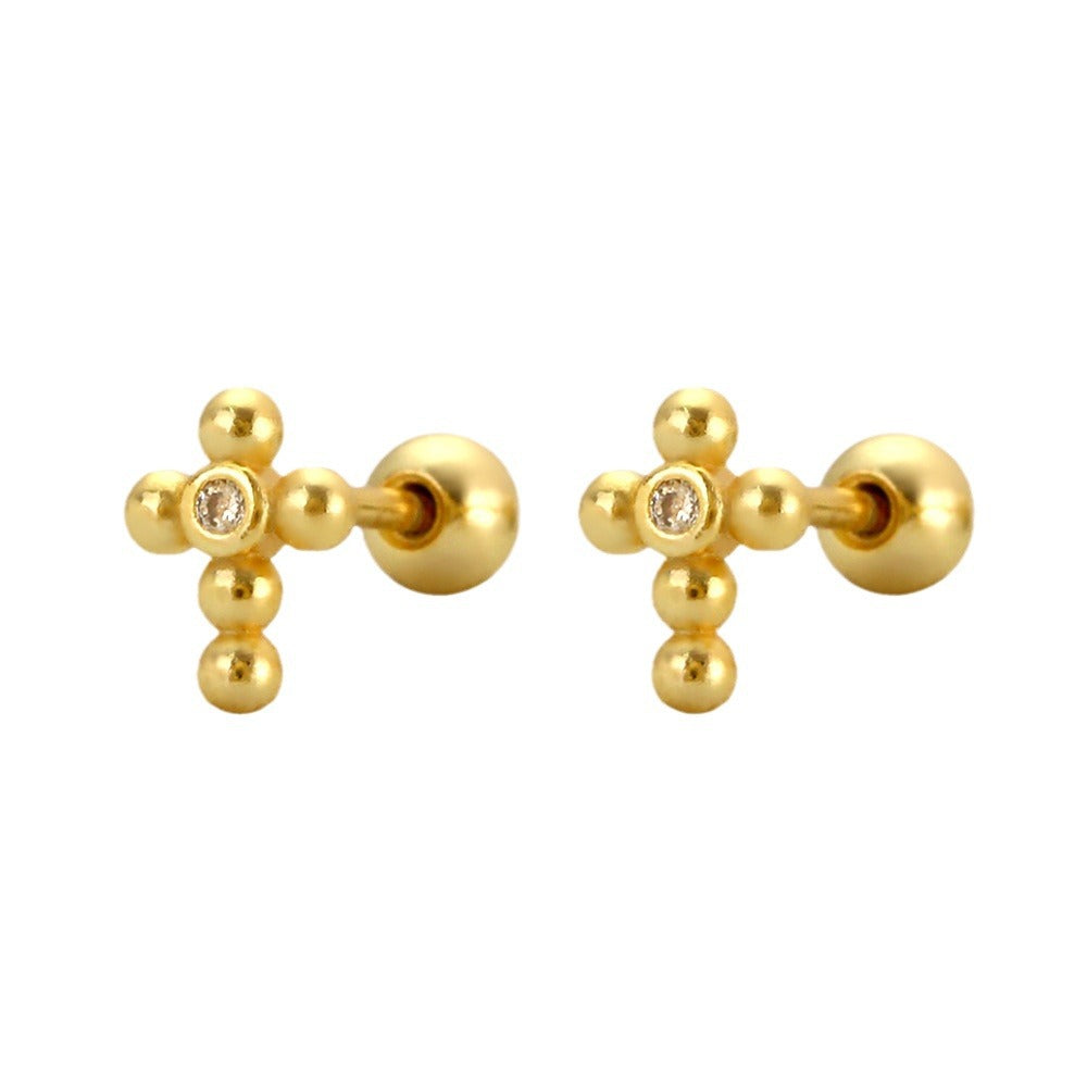 Office Simple Beads CZ Cross 925 Sterling Silver Stud Earrings