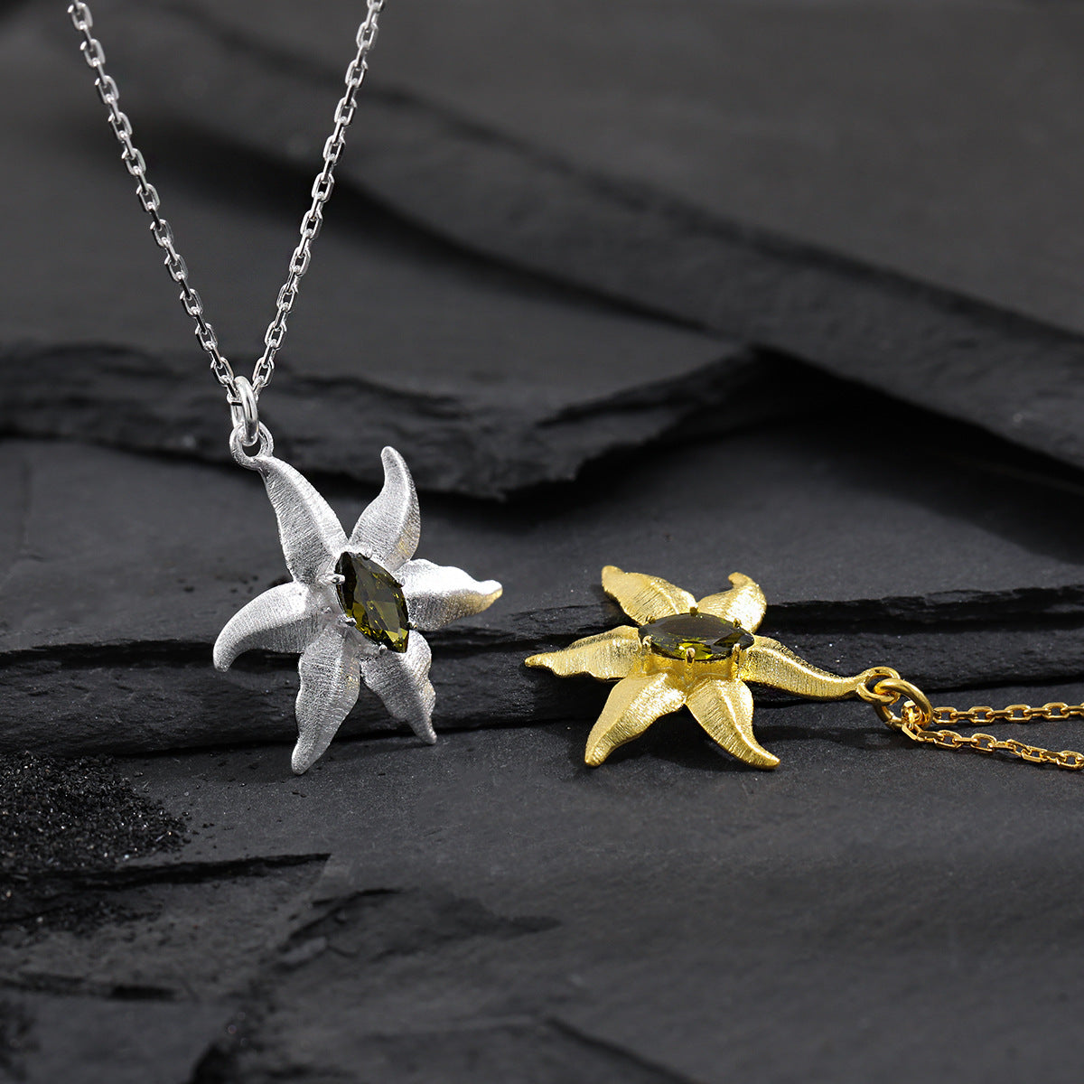 Starfish Design Natural Peridot 925 Sterling Silver Necklace Delicate Unique Style Sea-Inspired Jewelry Pendant