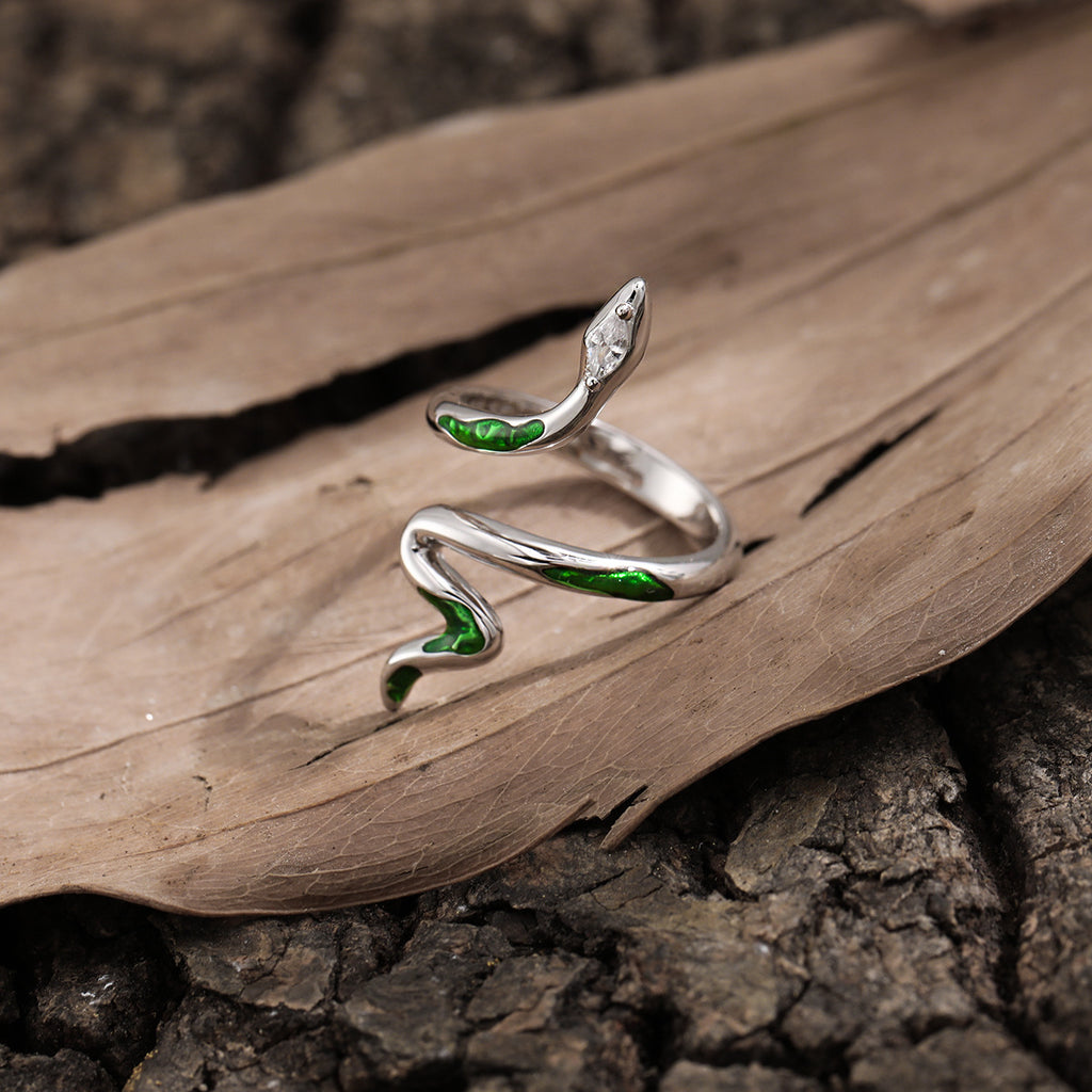 Fashion Animail Green Epoxy Snake Sterling Silver Adjustable Ring