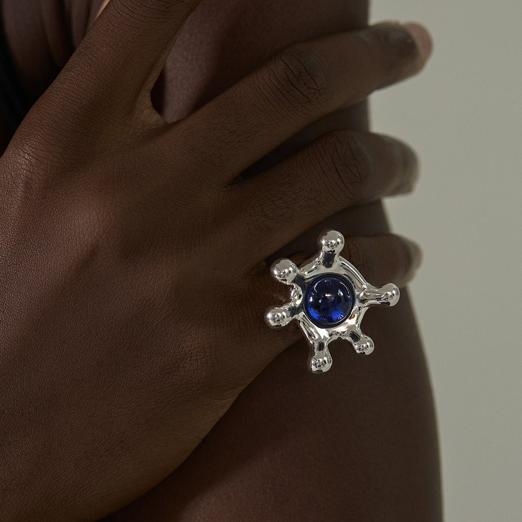 Stylish Pure Silver Elegant Gemstone Irregular Crown Electroforming Adjustable Statement Ring