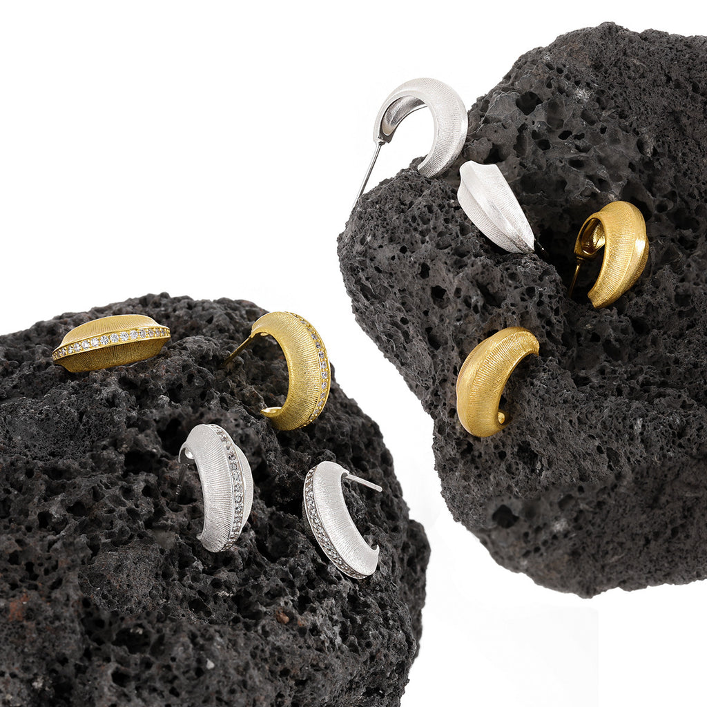 Modern Minimalist Matte Finish Geometric Cubic Zirconia in Sterling Silver and 18K Gold Plated Hoop Earrings