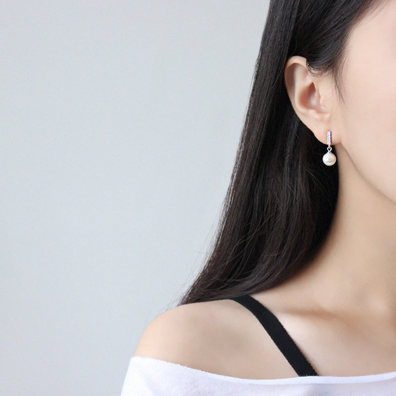 S925 pure silver simple micro inlaid vertical diamond pearl women's earrings earrings student silver jewelry