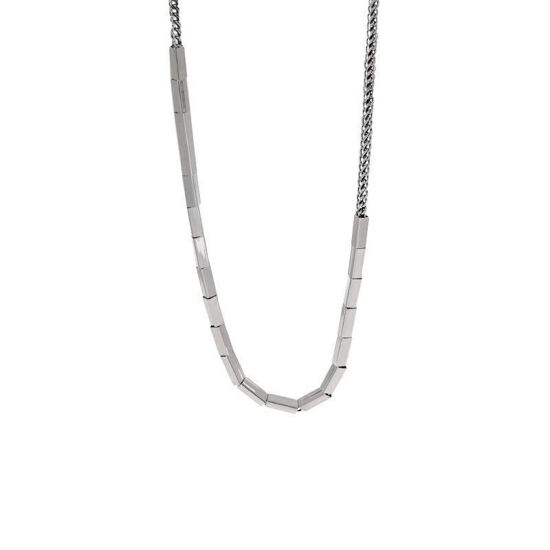 Niche design minimalist and versatile heavy industry rectangular tube texture  pure silver necklace collarbone chain for women