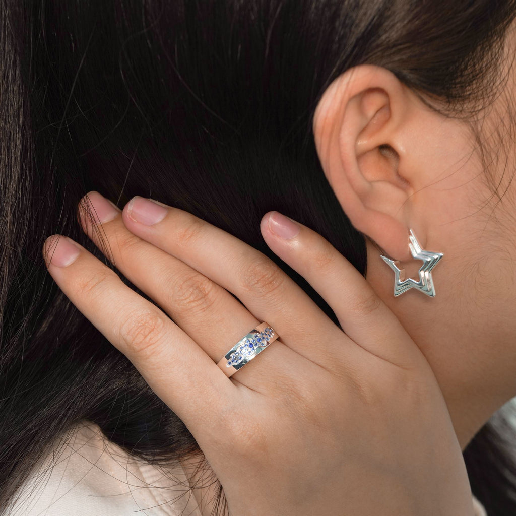 Beautiful Blue CZ Star River Sterling Silver Adjustable Ring
