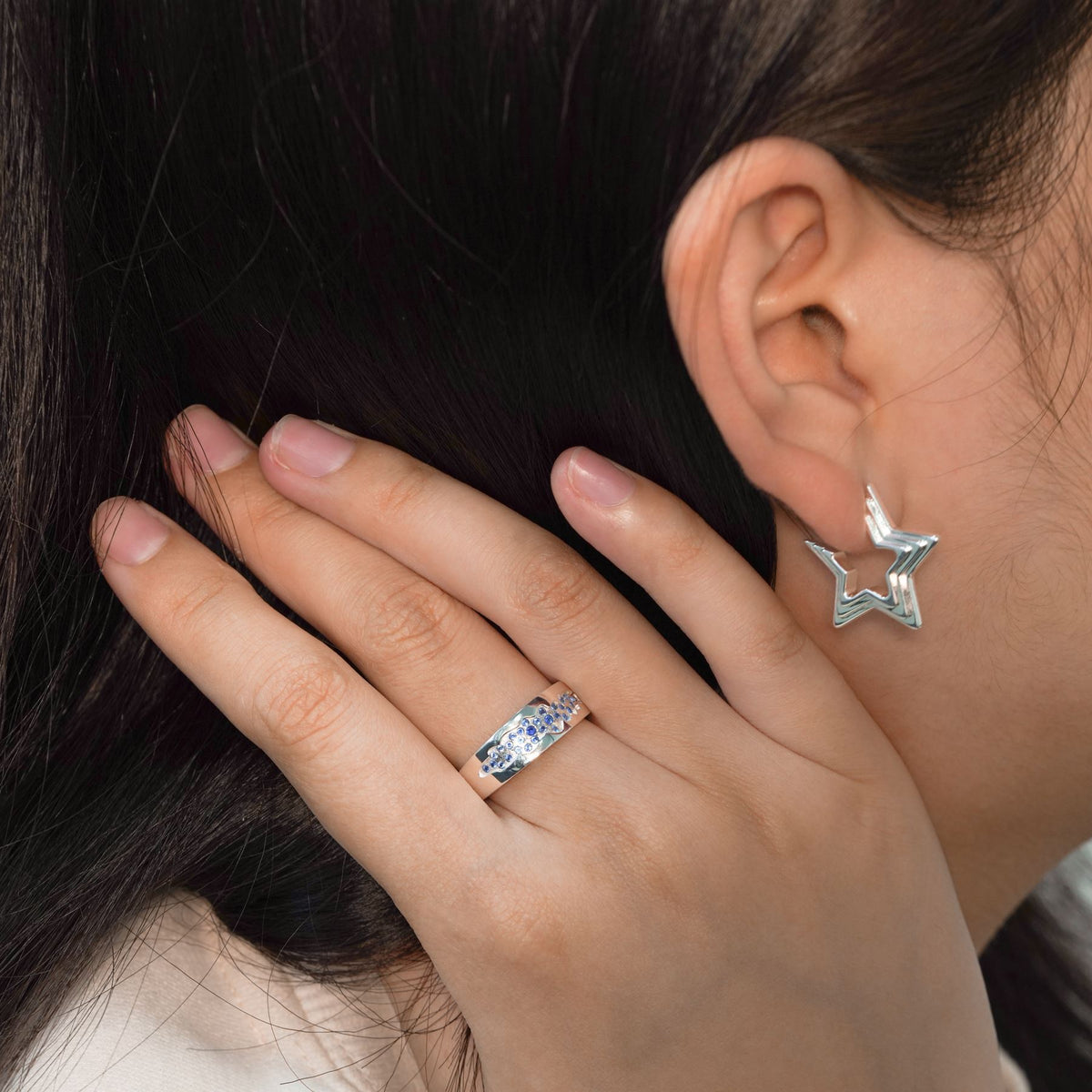 Beautiful Blue CZ Star River Sterling Silver Adjustable Ring