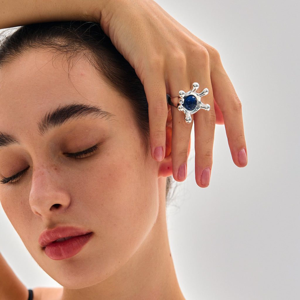 Stylish Pure Silver Elegant Gemstone Irregular Crown Electroforming Adjustable Statement Ring