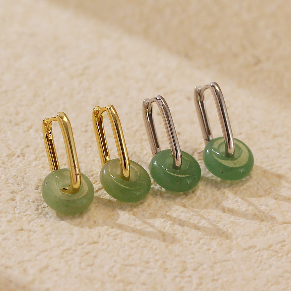 Elegant Natural Green Aventurine Ping Buckle Sterling Silver Hoop Earrings