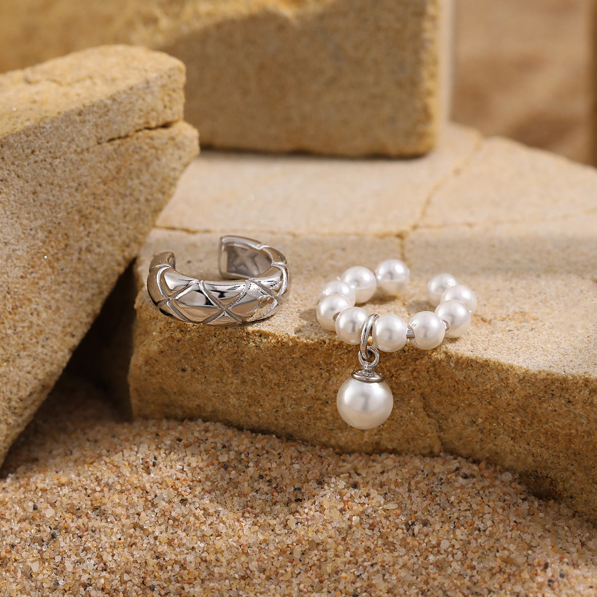 Women Elegant Quilting Pattern Shell Pearls 925 Sterling Silver Non-Pierced Earring(Single)