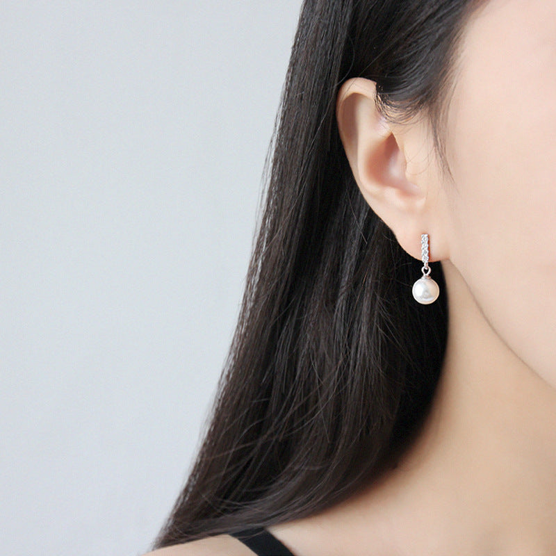 S925 pure silver simple micro inlaid vertical diamond pearl women's earrings earrings student silver jewelry
