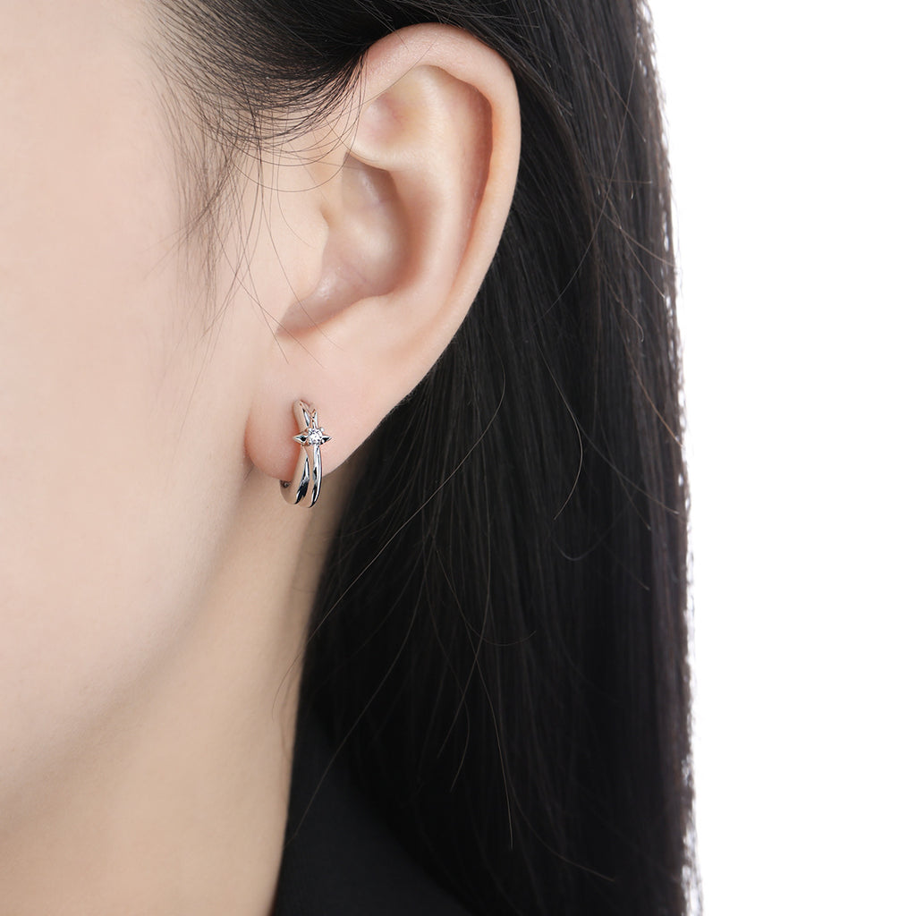 Graduation Simple Shining Star Sterling Silver Hoop Earrings