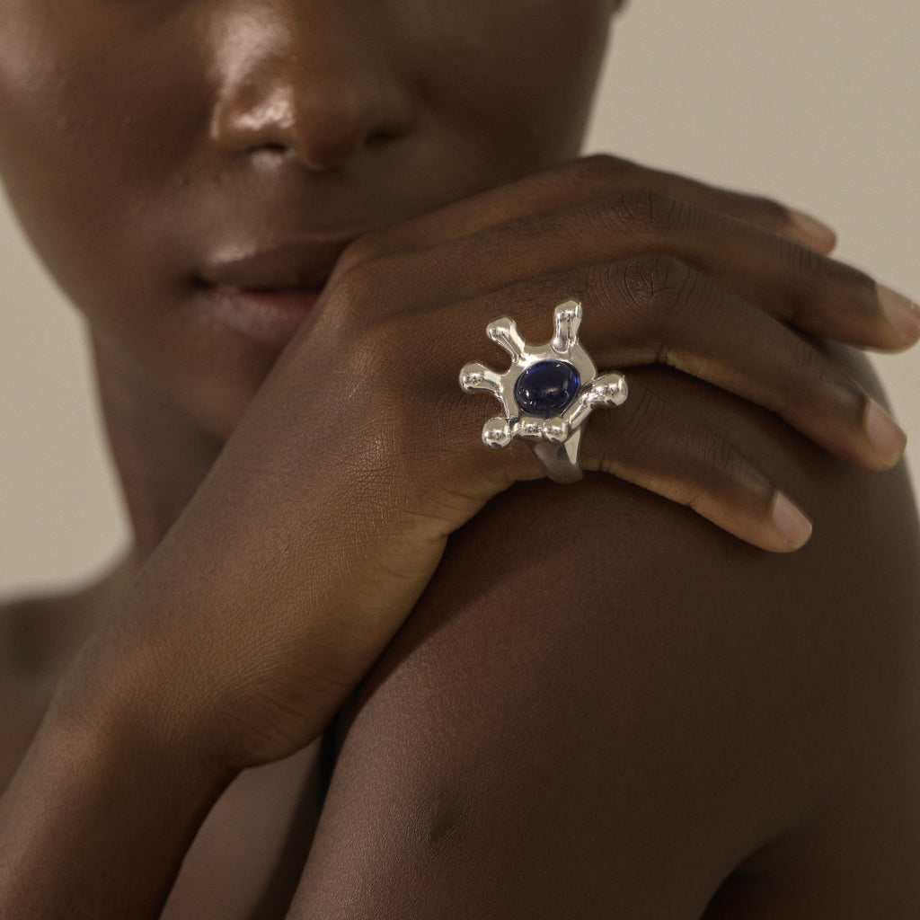 Stylish Pure Silver Elegant Gemstone Irregular Crown Electroforming Adjustable Statement Ring