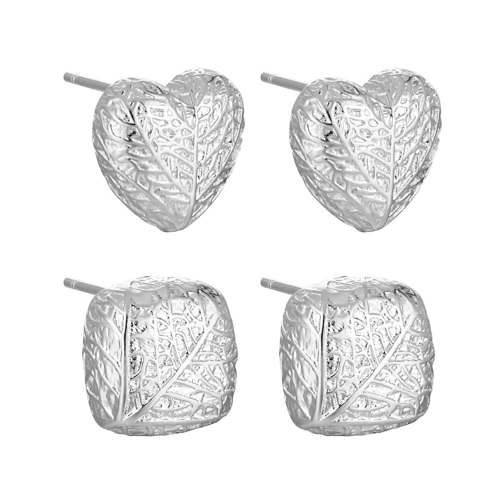 Lady Geometry Square Heart Leaves Sterling Silver Stud Earrings