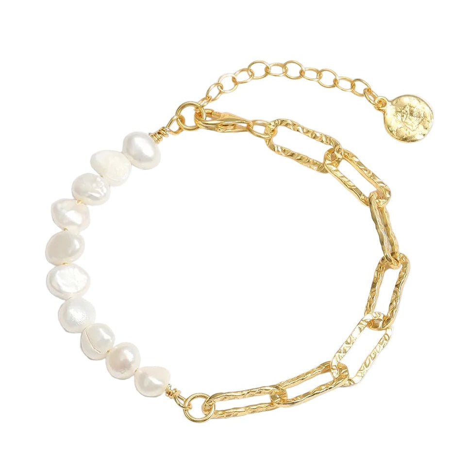 Girl Irregular Hollow Chain Natural Pearl 925 Sterling Silver Bracelet